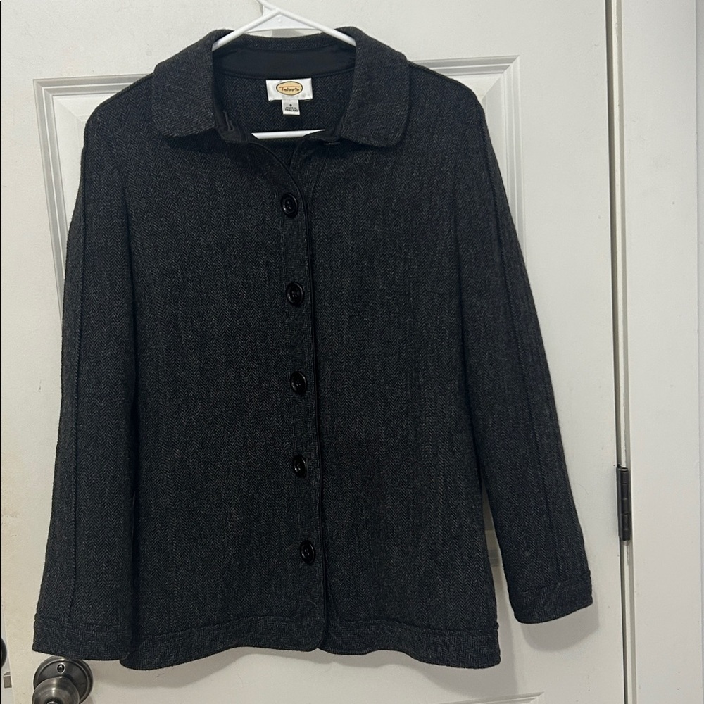 Talbots herringbone jacket blazer size 8 gray and black button down wool blend